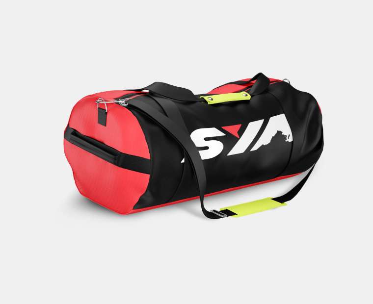 SYA logo on red, black, neon yellow duffel bag