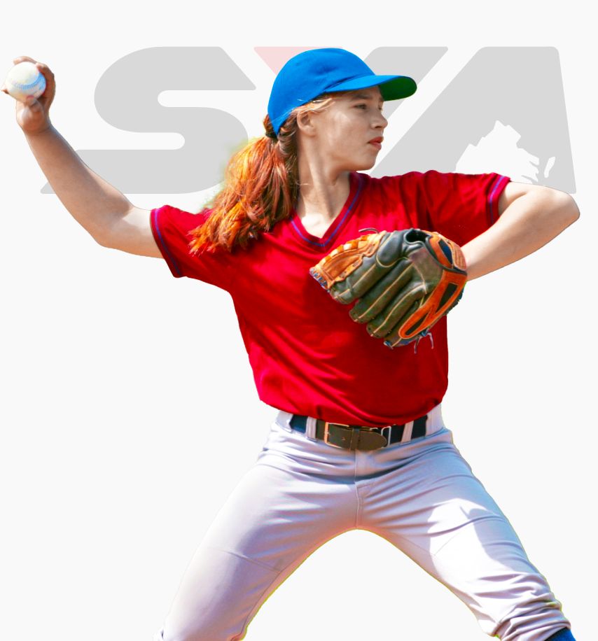 Young woman winding back to throw a softball in front of SYA logo