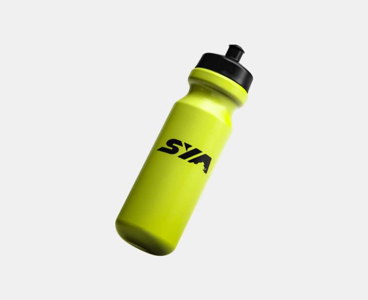 Black SYA logo on neon yellow water bottle