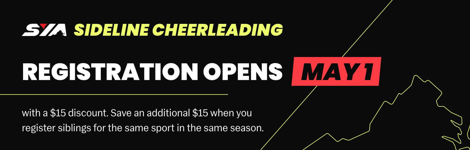 SYA sideline cheerleading May 1st open registration with a discount e-banner